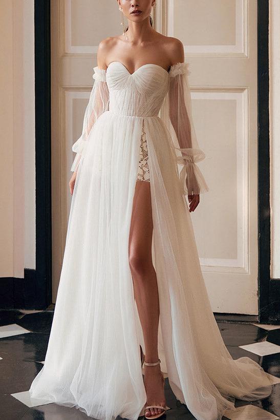 Off-The-Shoulder A-Line Wedding Dress with Long Sleeves and Split Front