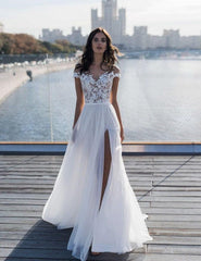 Off The Shoulder Appliques A Line Beach Wedding Dress Side Split Tulle Bridal Dress