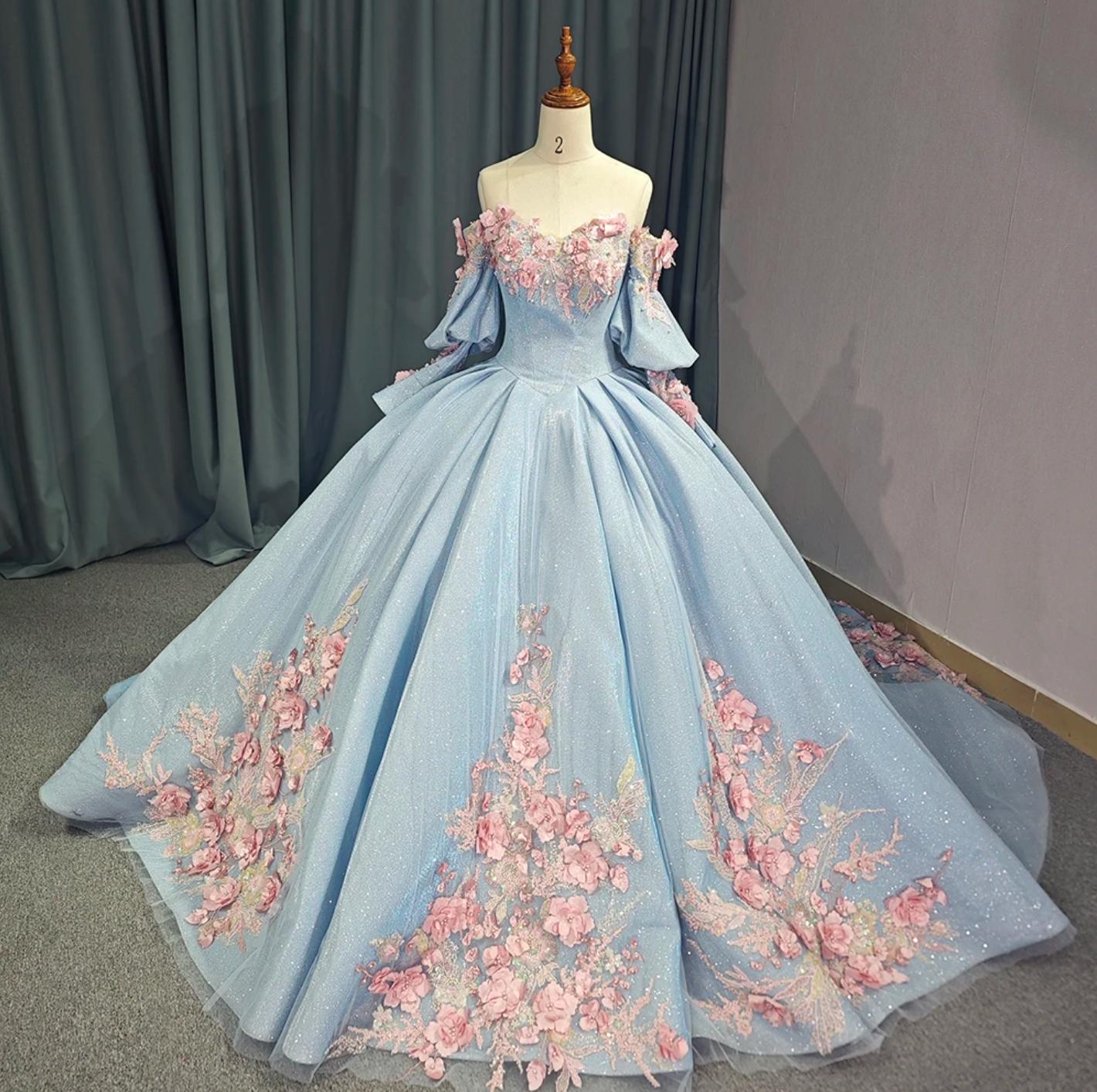 Off The Shoulder Ball Gown Quinceanera Dress With 3D Flowers & Beadings