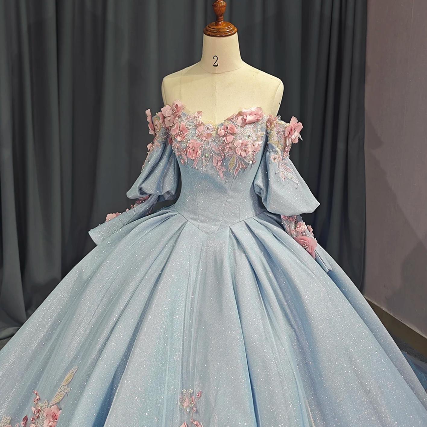 Off The Shoulder Ball Gown Quinceanera Dress With 3D Flowers & Beadings