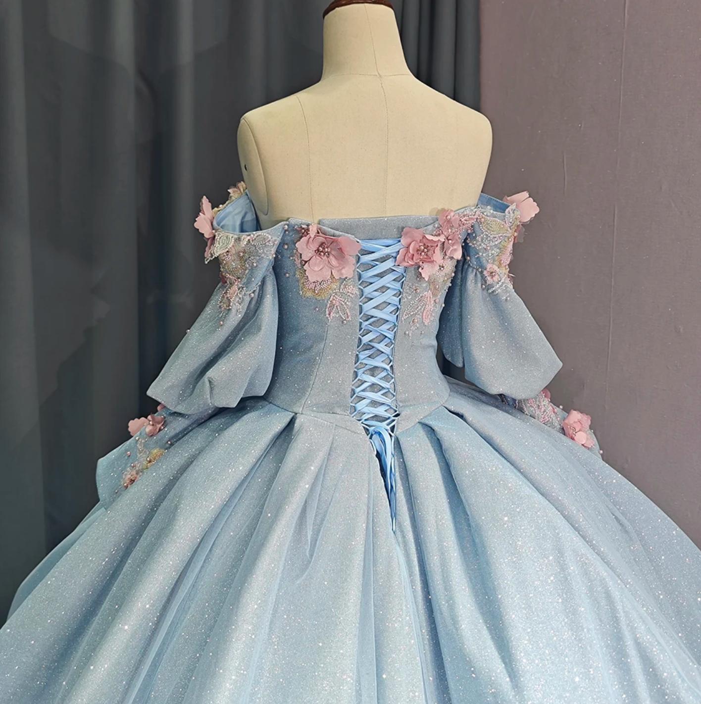 Off The Shoulder Ball Gown Quinceanera Dress With 3D Flowers & Beadings