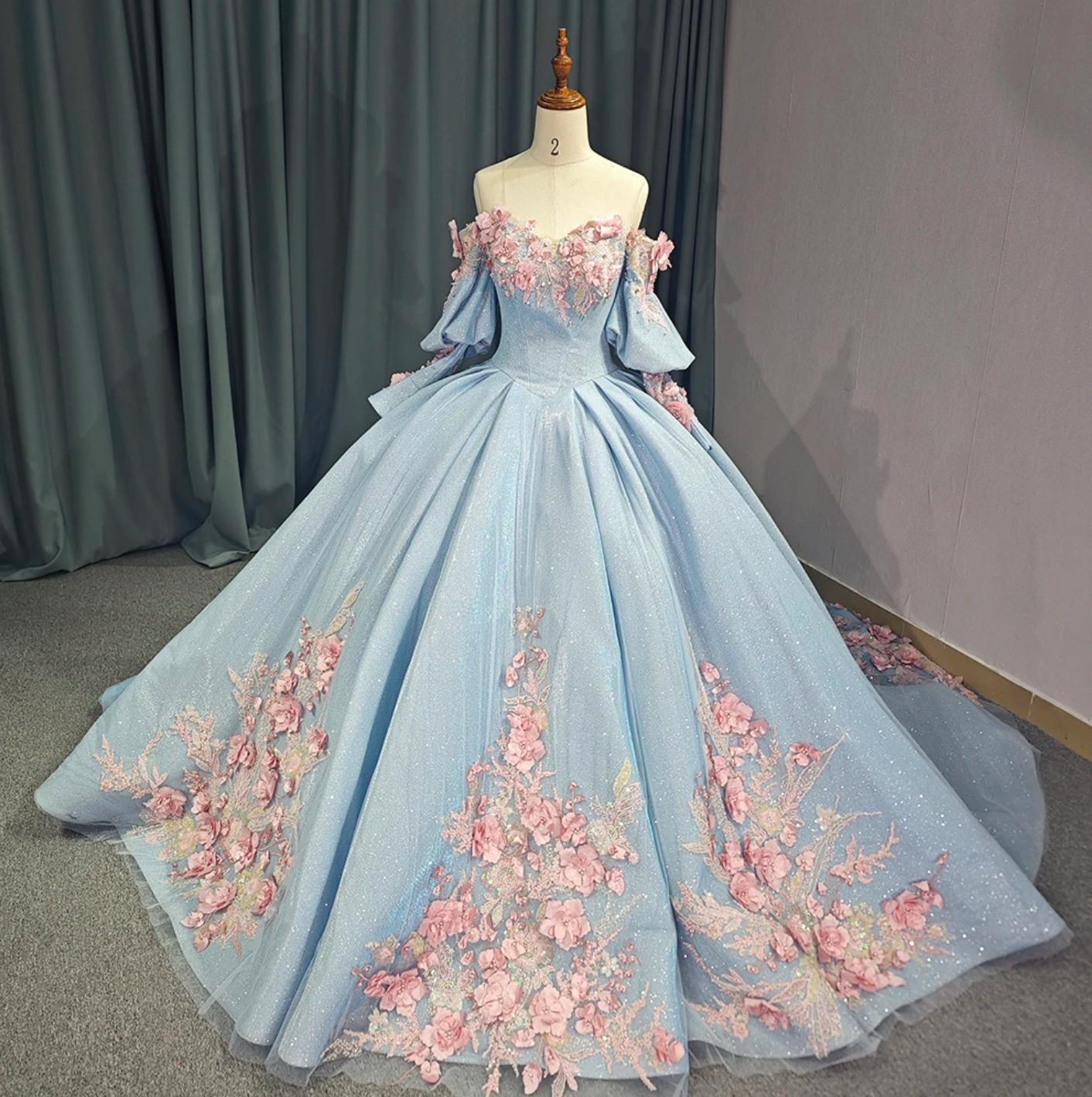 Off The Shoulder Ball Gown Quinceanera Dress With 3D Flowers & Beadings