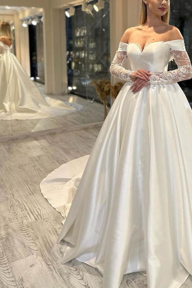 Off-The-Shoulder Ball-Gown Satin Wedding Dresses with Long Sleeves