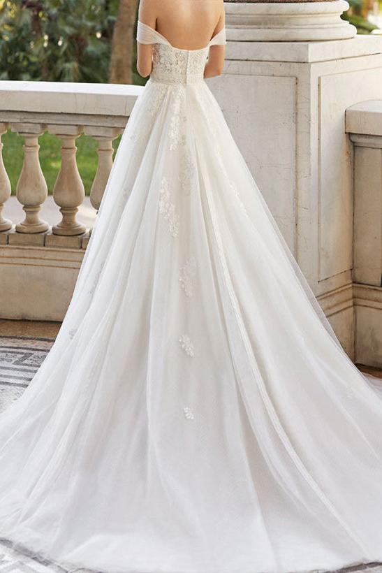 Off-The-Shoulder Ball-Gown Wedding Dresses With Short Sleeves Tulle Lace and Appliques