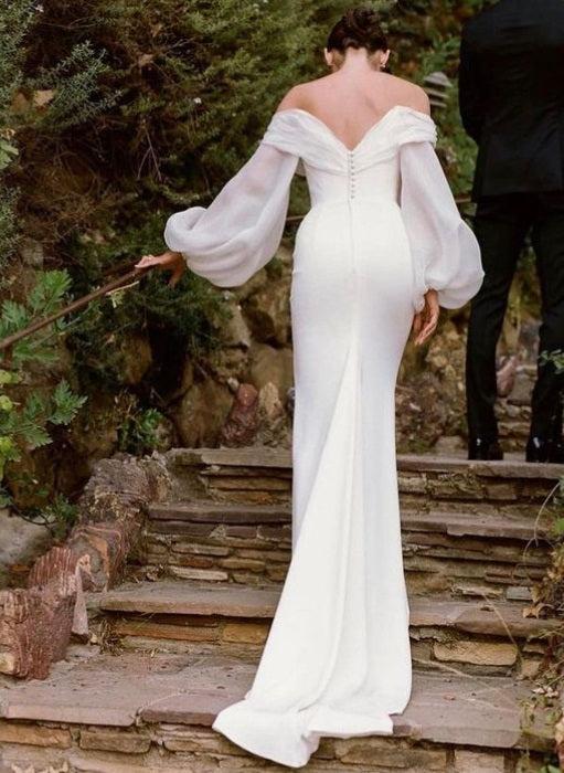 Off-The-Shoulder Beach Wedding Dresses with Long Puff Sleeves