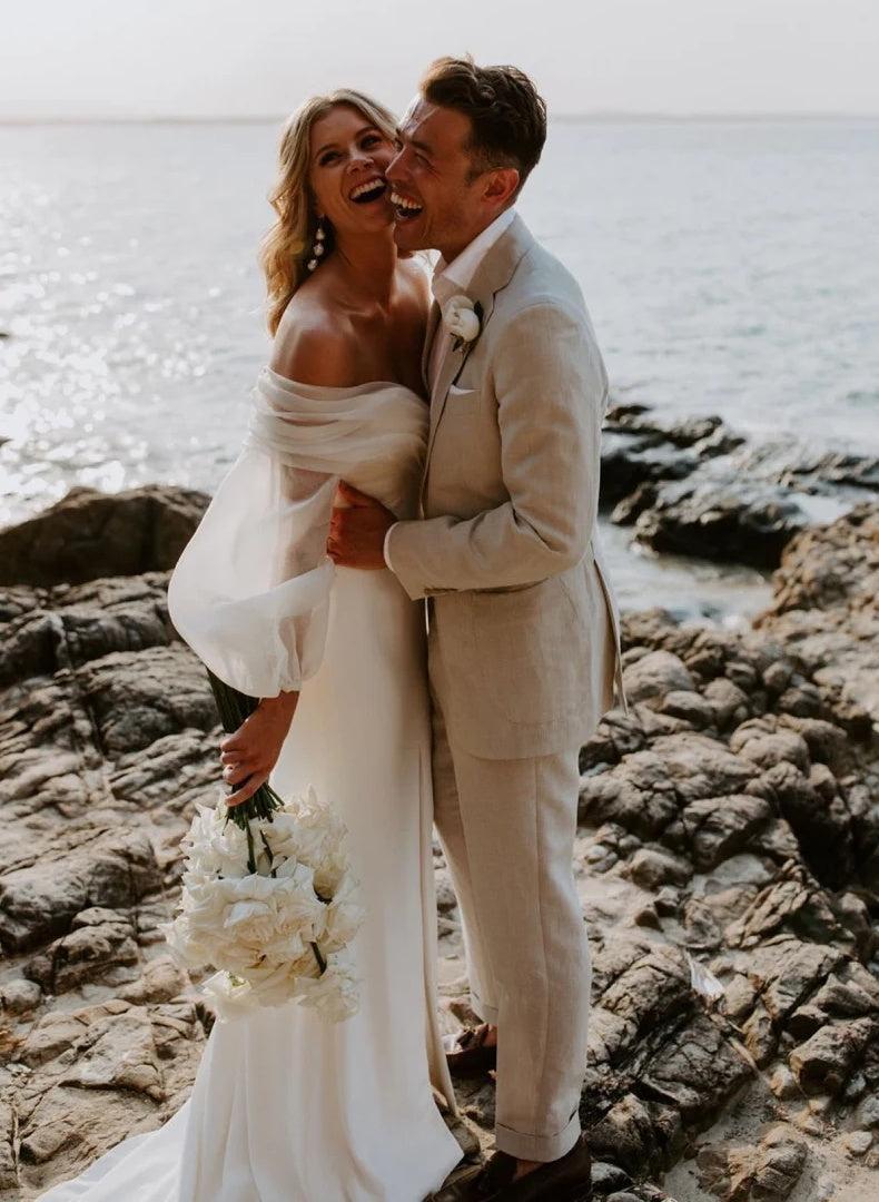 Off-The-Shoulder Beach Wedding Dresses with Long Puff Sleeves