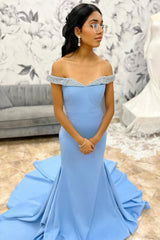 Off The Shoulder Blue Prom Dress Mermaid Long Evening Dress