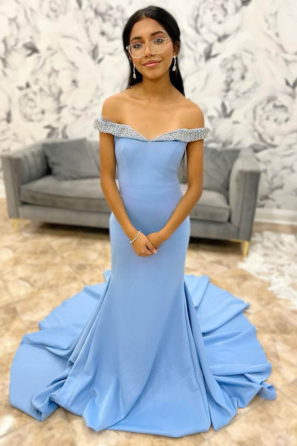 Off The Shoulder Blue Prom Dress Mermaid Long Evening Dress