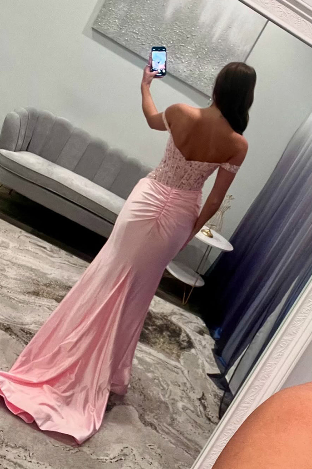 Off The Shoulder Blush Prom Dress Mermaid Corset Floor Length Formal Dress With Appliques