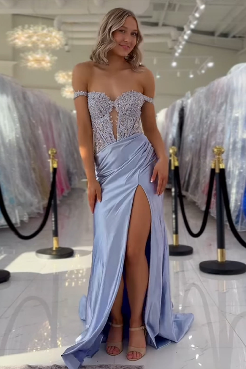 Off The Shoulder Blush Prom Dress Mermaid Corset Floor Length Formal Dress With Appliques