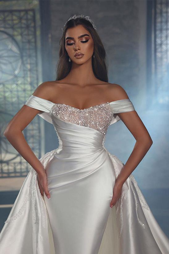 Off-The-Shoulder Chapel Train Satin Wedding Dresses With Panel Train