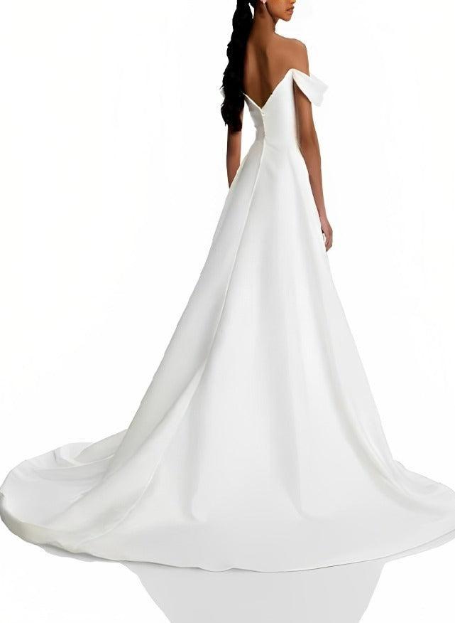Off The Shoulder Court Train Beach Wedding Dress With Split Front