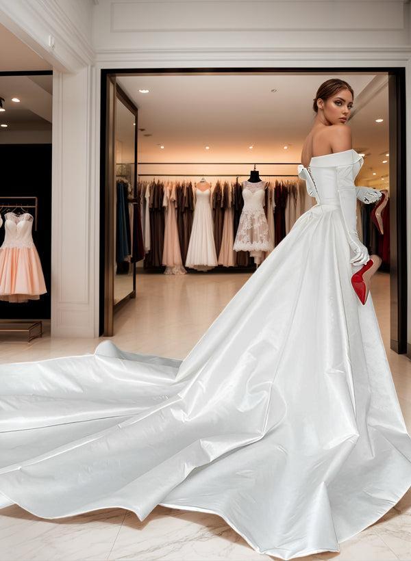 Off The Shoulder Court Train Satin Wedding Dress With Panel Train