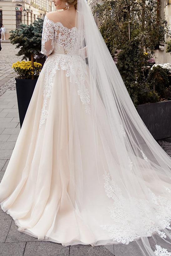 Off-The-Shoulder Long Sleeves Ball Gown Wedding Dresses With Boho Lace/Tulle