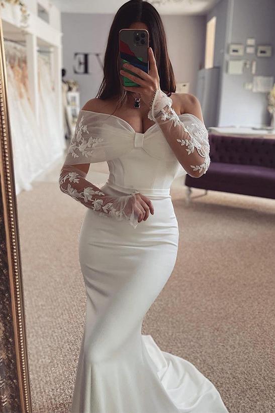 Off-The-Shoulder Long Sleeves Lace/Elastic Satin Wedding Dresses for Mermaids
