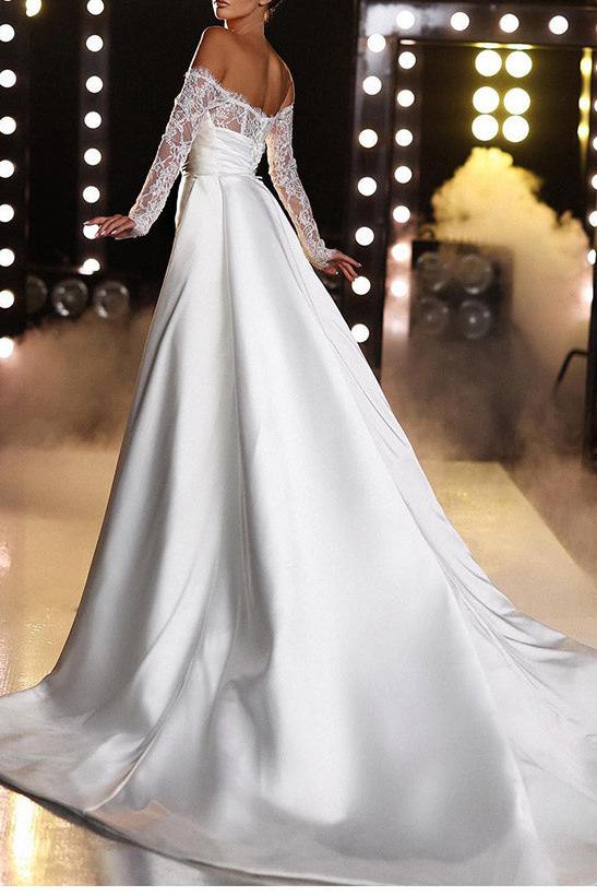 Off-The-Shoulder Long Sleeves Mermaid Trumpet Satin Wedding Dresses With Panel Train