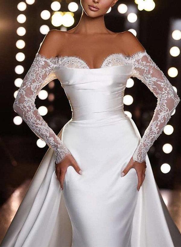 Off-The-Shoulder Long Sleeves Mermaid Trumpet Satin Wedding Dresses With Panel Train