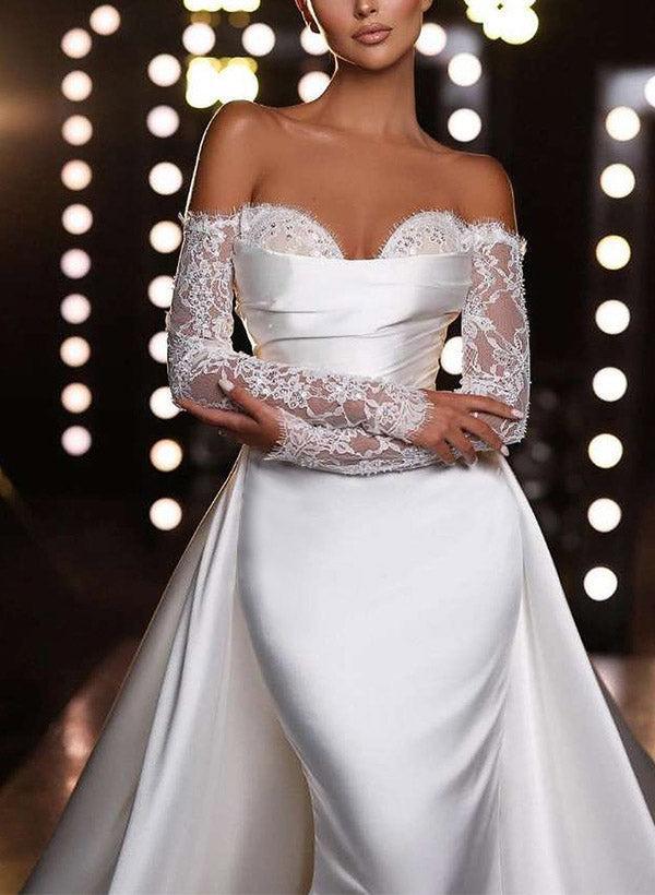 Off-The-Shoulder Long Sleeves Mermaid Trumpet Satin Wedding Dresses With Panel Train