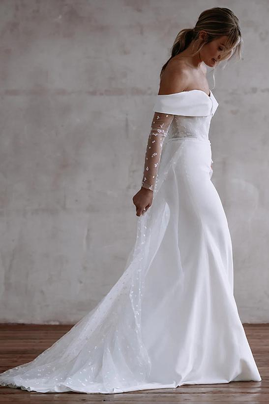 Off-The-Shoulder Long Sleeves Sweep Train Lace/Elastic Satin Beach Wedding Dress With Lace