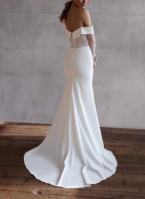 Off-The-Shoulder Long Sleeves Sweep Train Lace/Elastic Satin Beach Wedding Dress With Lace