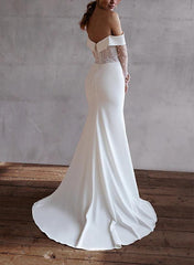 Off-The-Shoulder Long Sleeves Sweep Train Lace/Elastic Satin Beach Wedding Dress With Lace