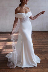 Off-The-Shoulder Long Sleeves Sweep Train Lace/Elastic Satin Beach Wedding Dress With Lace