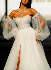 Off-The-Shoulder Long Sleeves Tulle Sweep Train Beach Wedding Dress With Sequins Flower(s)