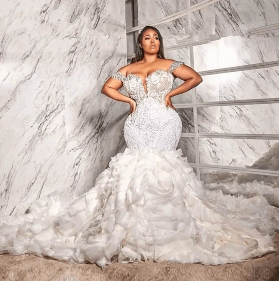 Off The Shoulder Mermaid Wedding Dress Lace Appliqued Bridal Gown with Ruffled Train