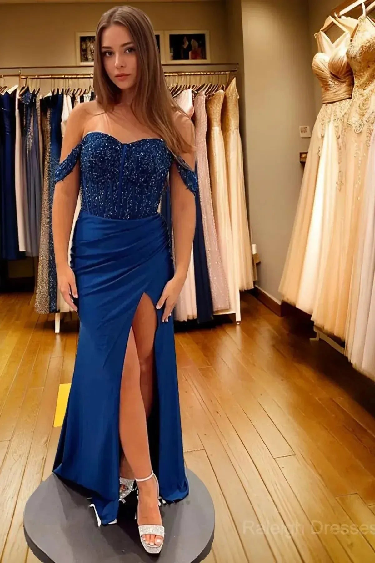Off The Shoulder Navy Prom Dress Mermaid Evening Dress with Slit