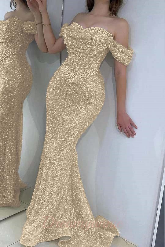 Off The Shoulder Prom Dresses Mermaid Sequined Evening Formal Dresses