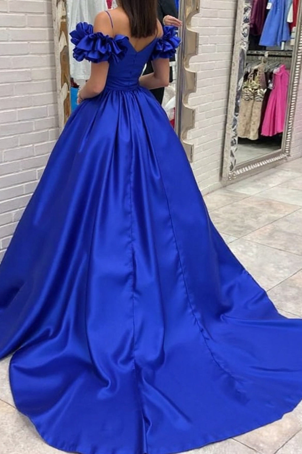 Off The Shoulder Royal Blue Prom Dress Satin Ball Gown Formal Dress