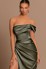Off The Shoulder Sage Green Evening Dress Ball Gown Sleeveless Slit Pleated