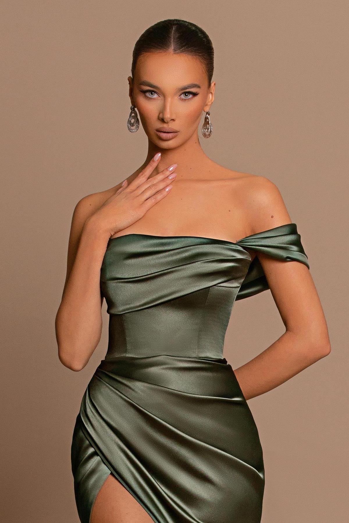 Off The Shoulder Sage Green Evening Dress Ball Gown Sleeveless Slit Pleated