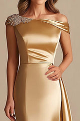 Off The Shoulder Sheath Gold Satin Long Formal Dress