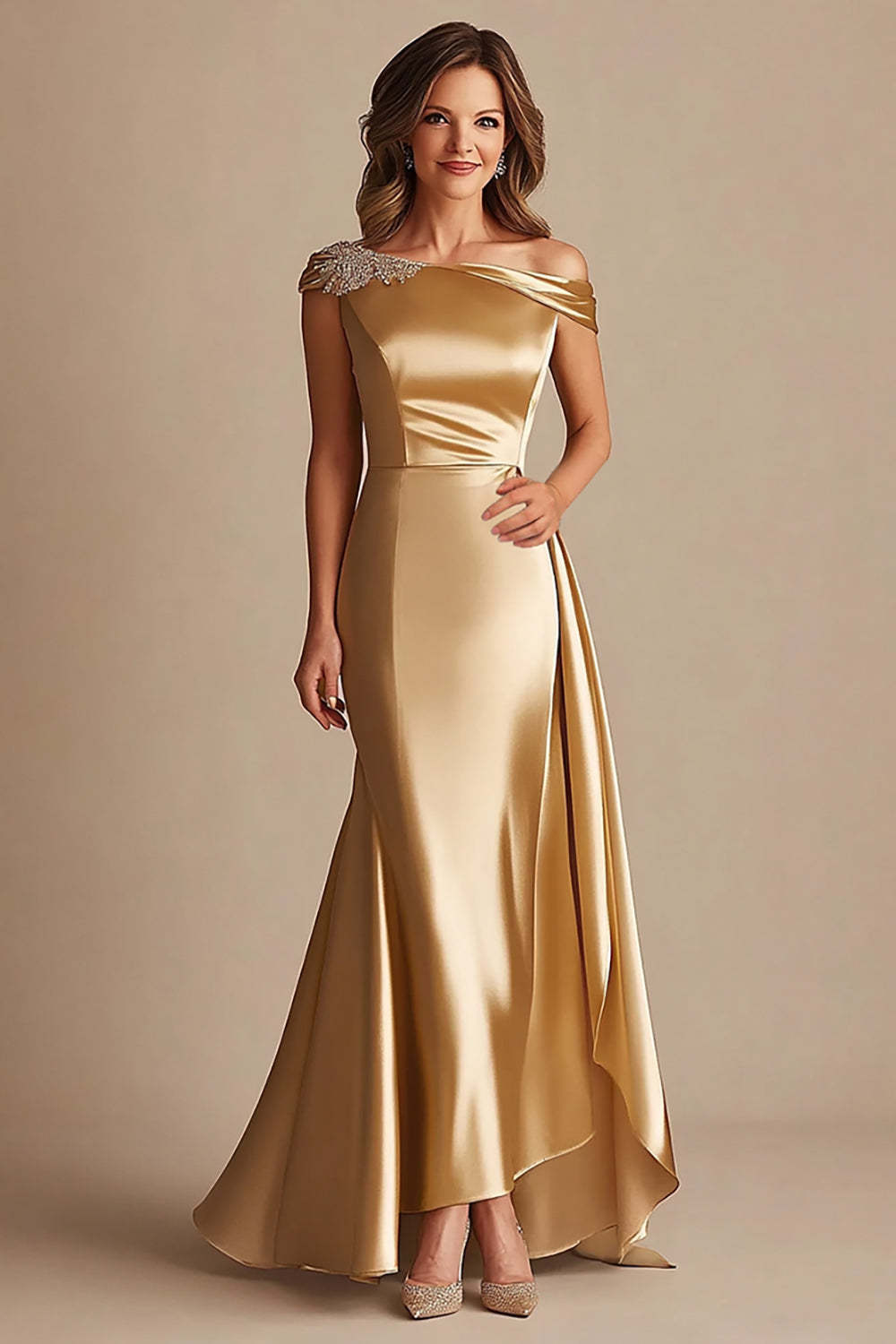 Off The Shoulder Sheath Gold Satin Long Formal Dress