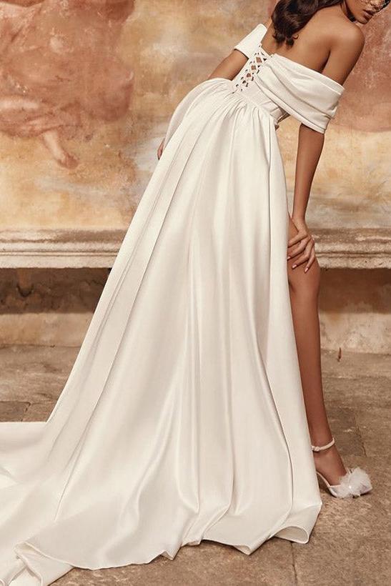 Off The Shoulder Short Beach Wedding Dress Satin Bridal Dress with Panel Train