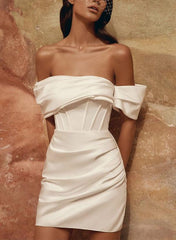 Off The Shoulder Short Beach Wedding Dress Satin Bridal Dress with Panel Train
