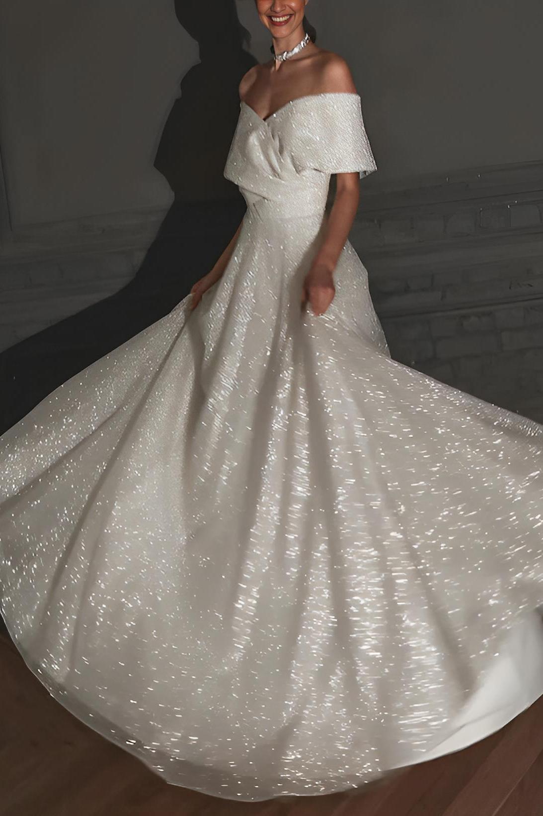 Off-The-Shoulder Sleeveless A-Line Beach Wedding Dress with Sweep Train and Sequin Detail