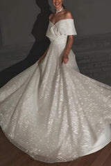 Off-The-Shoulder Sleeveless A-Line Beach Wedding Dress with Sweep Train and Sequin Detail