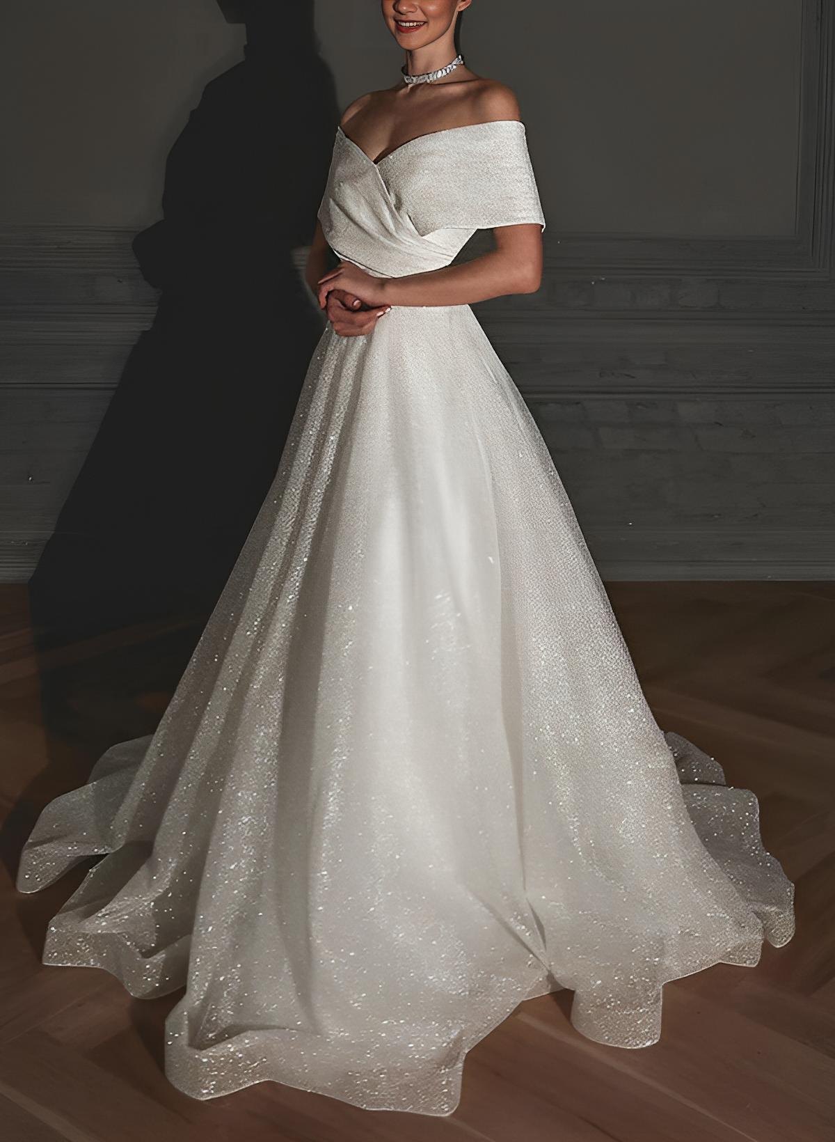 Off-The-Shoulder Sleeveless A-Line Beach Wedding Dress with Sweep Train and Sequin Detail
