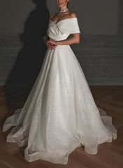 Off-The-Shoulder Sleeveless A-Line Beach Wedding Dress with Sweep Train and Sequin Detail