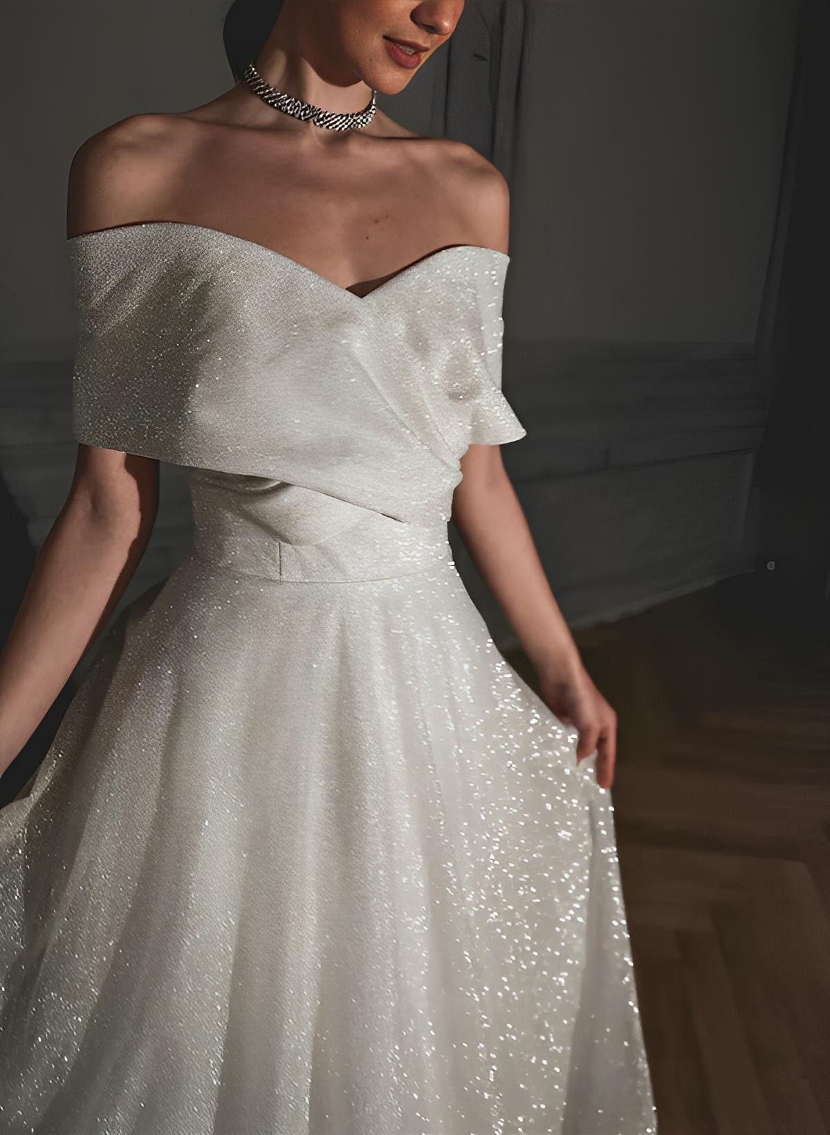 Off-The-Shoulder Sleeveless A-Line Beach Wedding Dress with Sweep Train and Sequin Detail