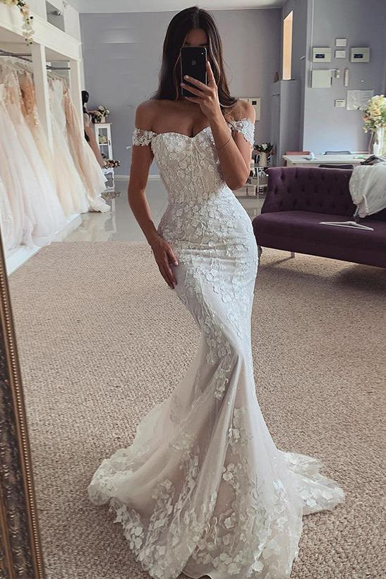 Off-The-Shoulder Sleeveless Lace Beach Wedding Dresses for Trumpet/Mermaid