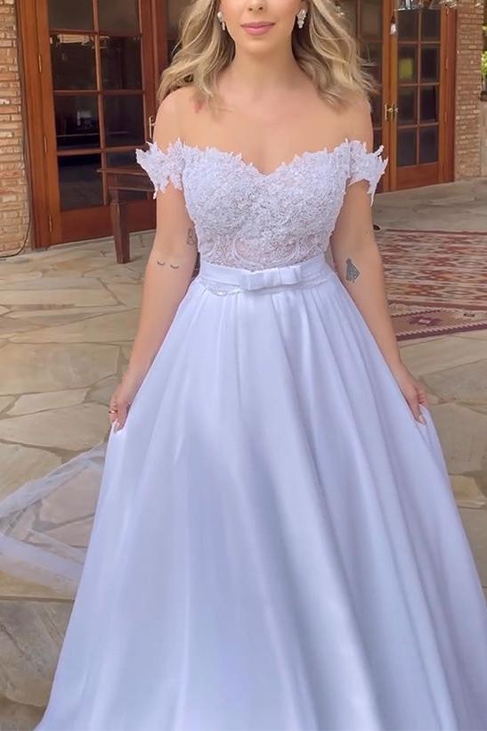 Off-The-Shoulder Sleeveless Lace Wedding Dress with A-Line Silhouette and Sweep Train