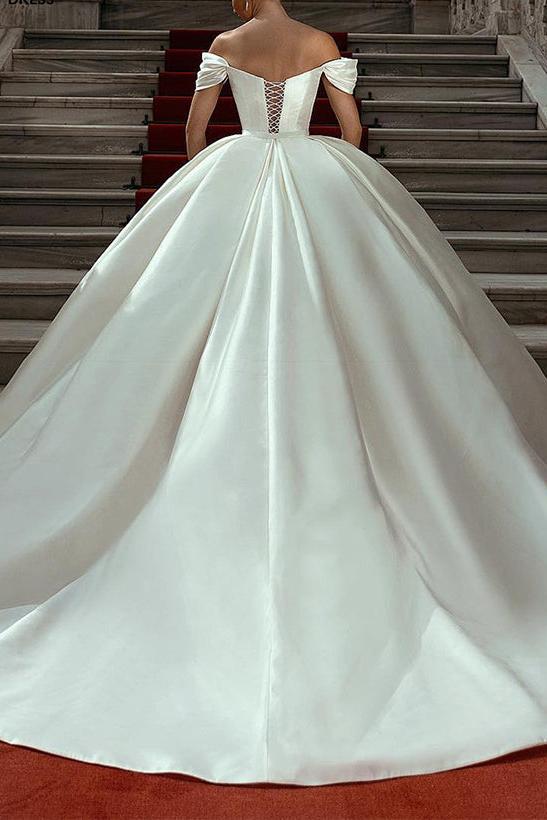 Off-The-Shoulder Sleeveless Satin Ball-Gown Wedding Dress with Sweep Train