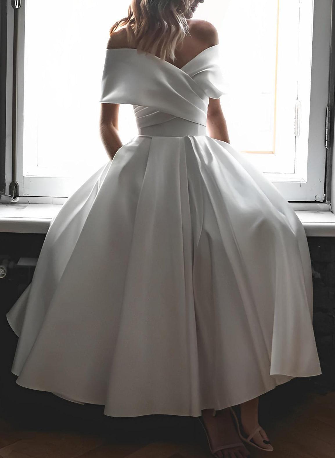 Off-The-Shoulder Sleeveless Satin Tea-Length Beach Wedding Dress