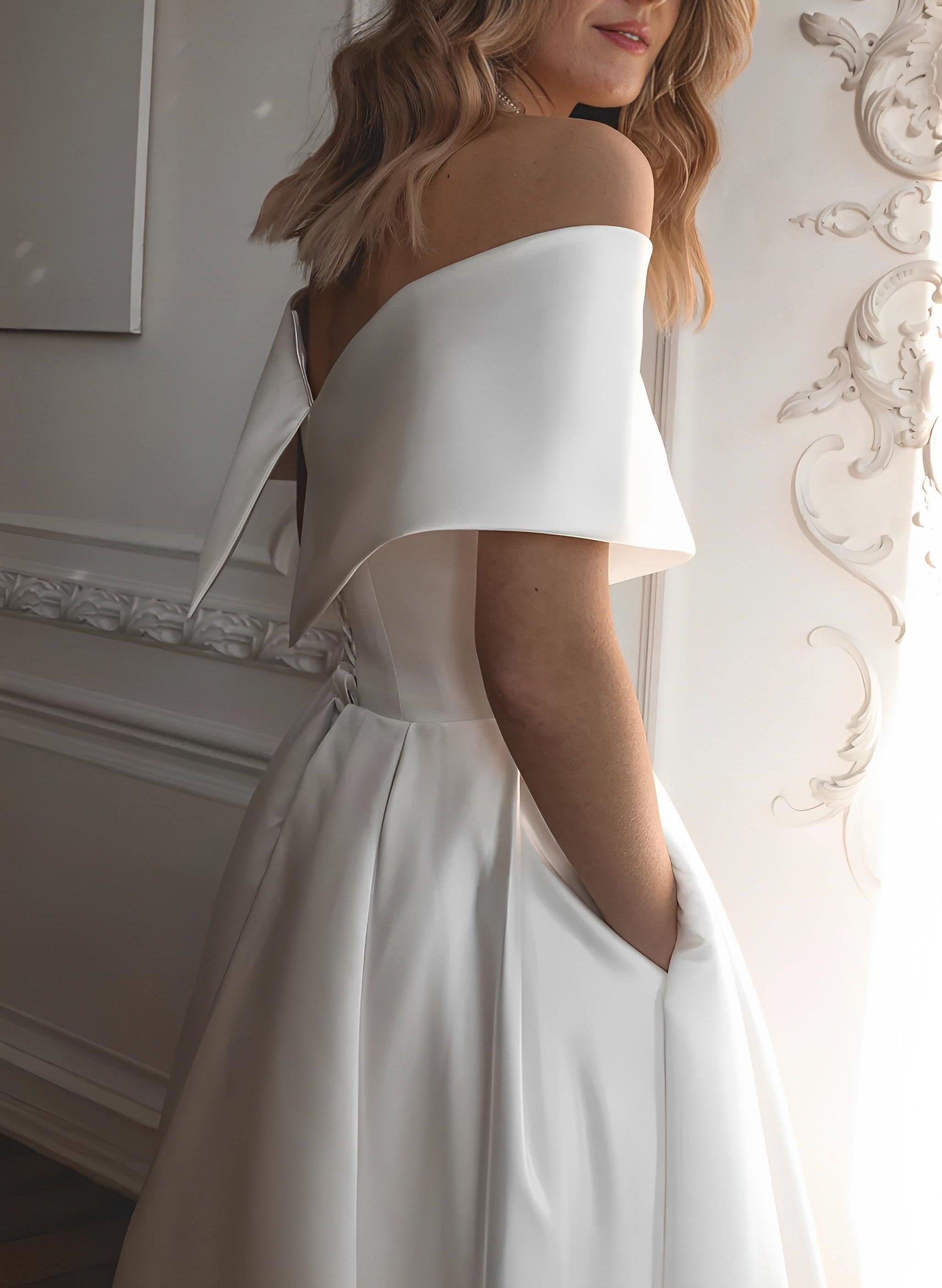 Off-The-Shoulder Sleeveless Satin Tea-Length Beach Wedding Dress