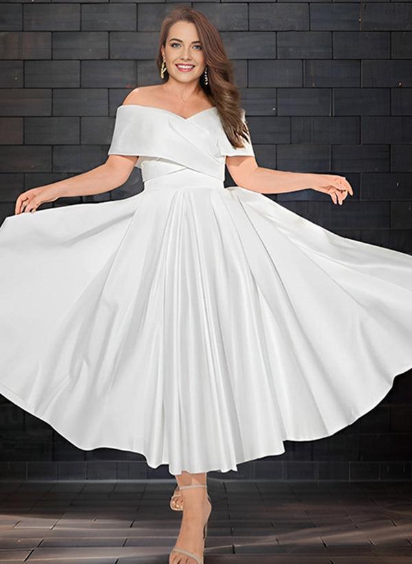 Off-The-Shoulder Sleeveless Satin Tea-Length Beach Wedding Dress