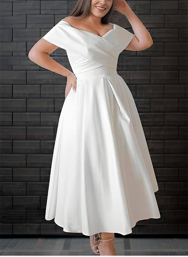 Off-The-Shoulder Sleeveless Satin Tea-Length Beach Wedding Dress