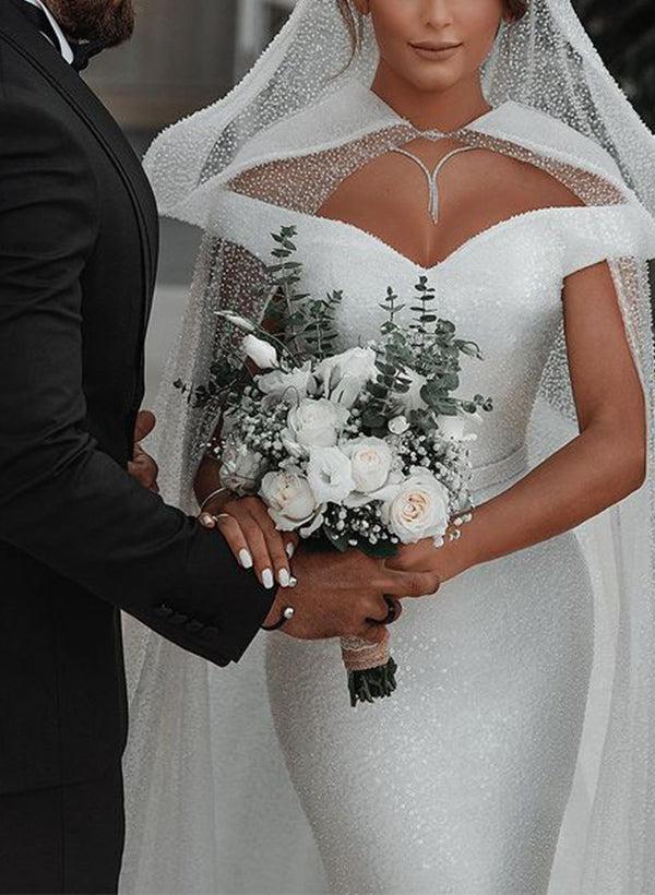 Off-The-Shoulder Sleeveless Sequined Trumpet/Mermaid Beach Wedding Dresses